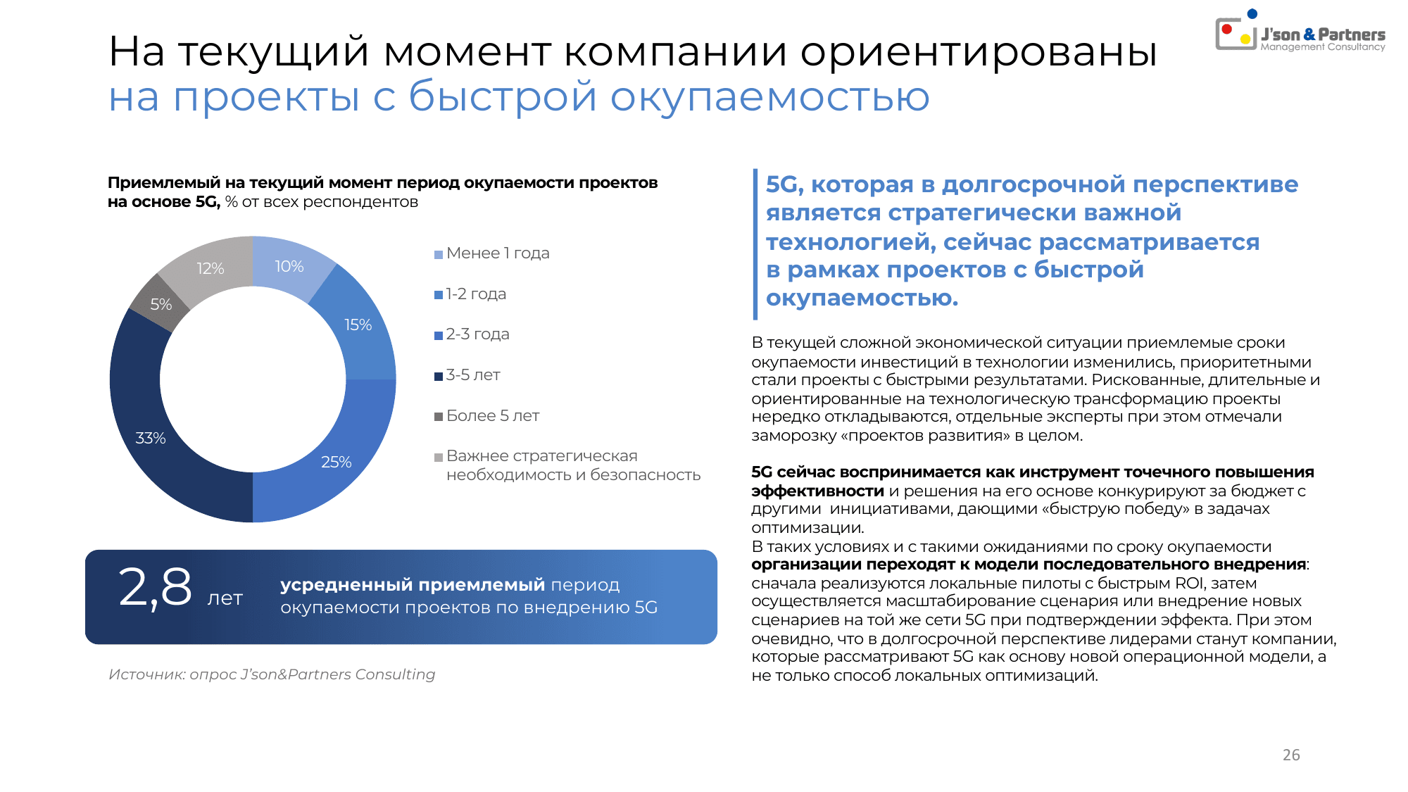 Ценность 5G для бизнеса 26 На текущий момент компании ориентированы на проекты с быстрой окупаемостью